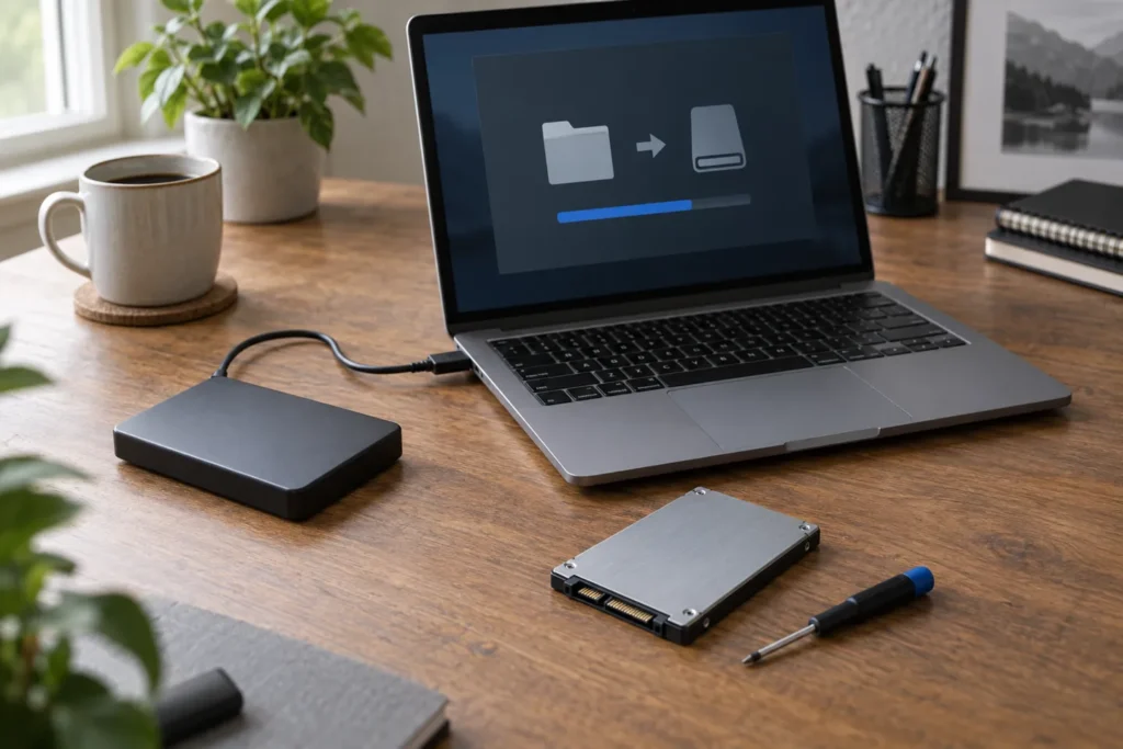 Illustration of a portable backup drive and SSD beside a laptop