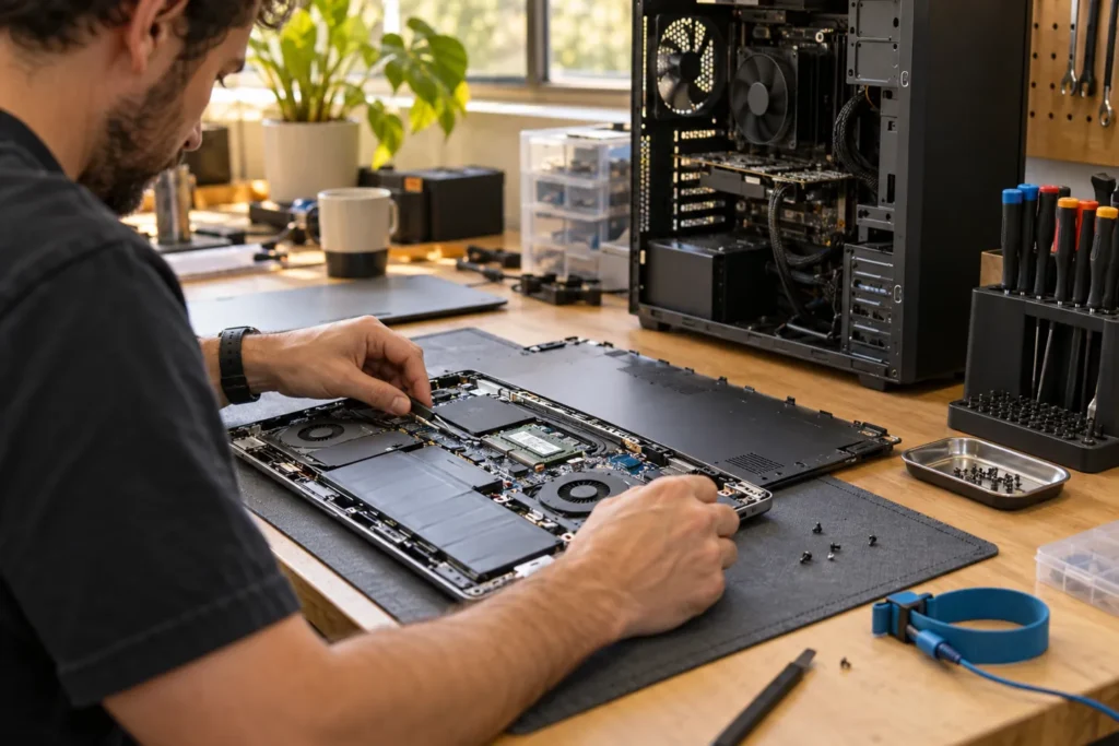 Illustration of a computer repair bench with a laptop and desktop tower