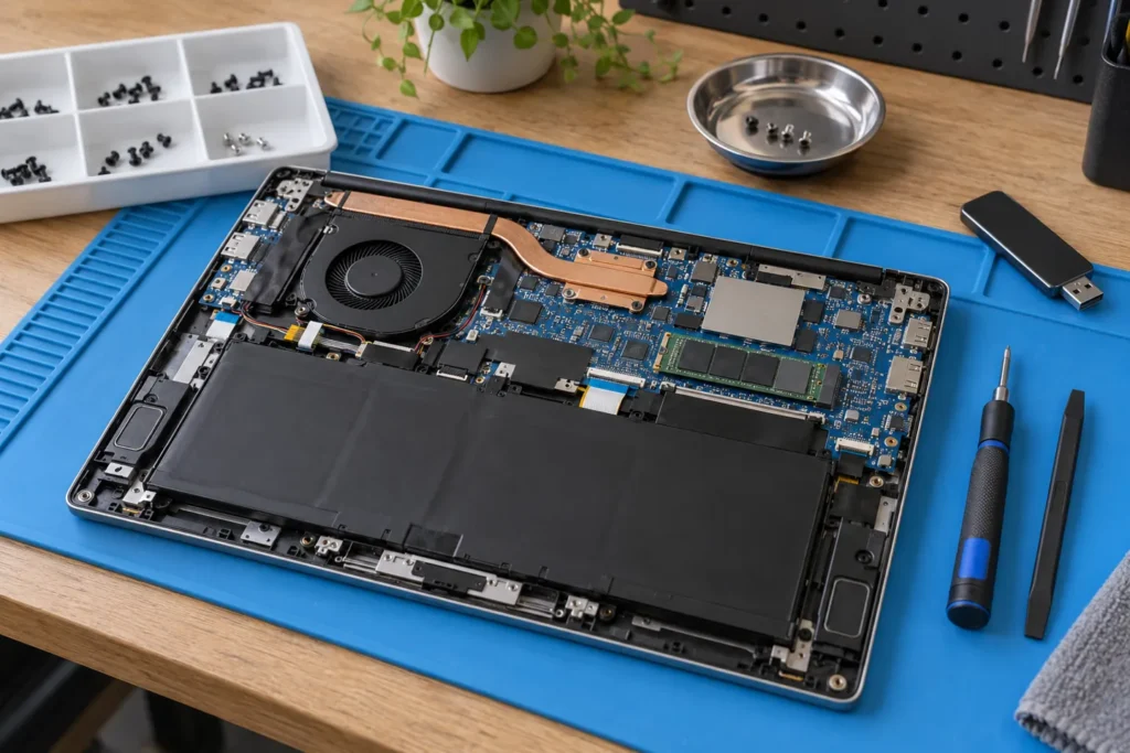 Illustration of a laptop with its bottom cover removed on a repair mat
